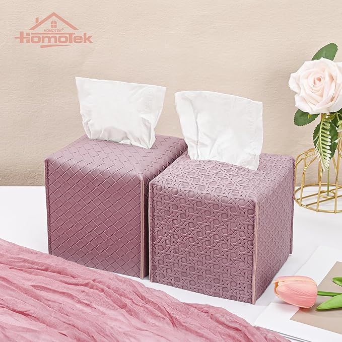 HOMOTEK 2 Pack Tissue Box Cover, Square PU Leather Tissue Holder, Decorative Facial Tissue Cube Paper Organizer Dispenser for Bathroom, Night Stands, Desk, Car 5X5X5'' - Rattan Weave,Plum Red