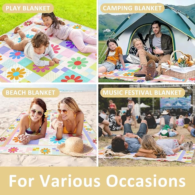 Daisy Picnic Blankets Waterproof Foldable, 60″X80″ Packable Picnic Mat Sunflower Outdoor Blanket for Grass, Large Beach Blanket Sandproof Picnic Accessories for Camping Music Festival Park Lawn Travel
