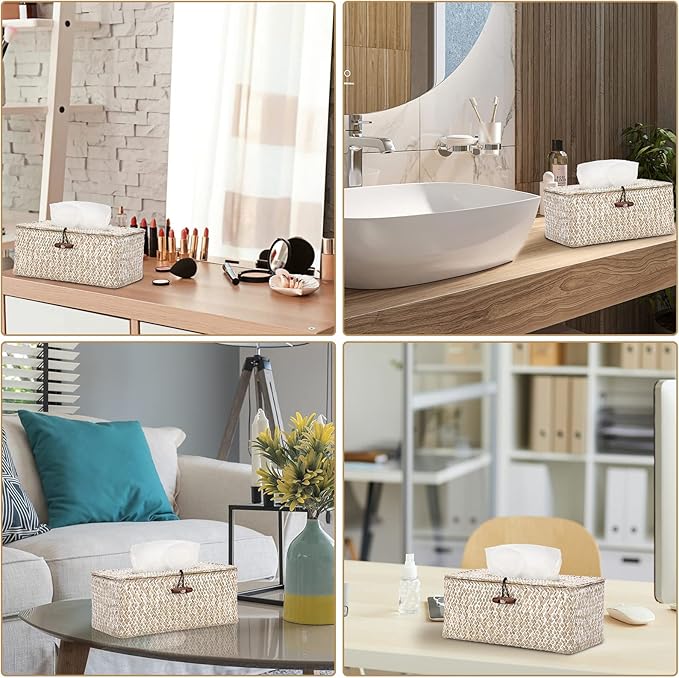 Sumnacon Rectangle Natural Seagrass Tissue Box Cover,Woven Tissue Box with Bottom,Farmhouse Tissue Box Holder for Living Room Bathroom Vanity Toilet Table Desk Countertop Office Car,Whitewash