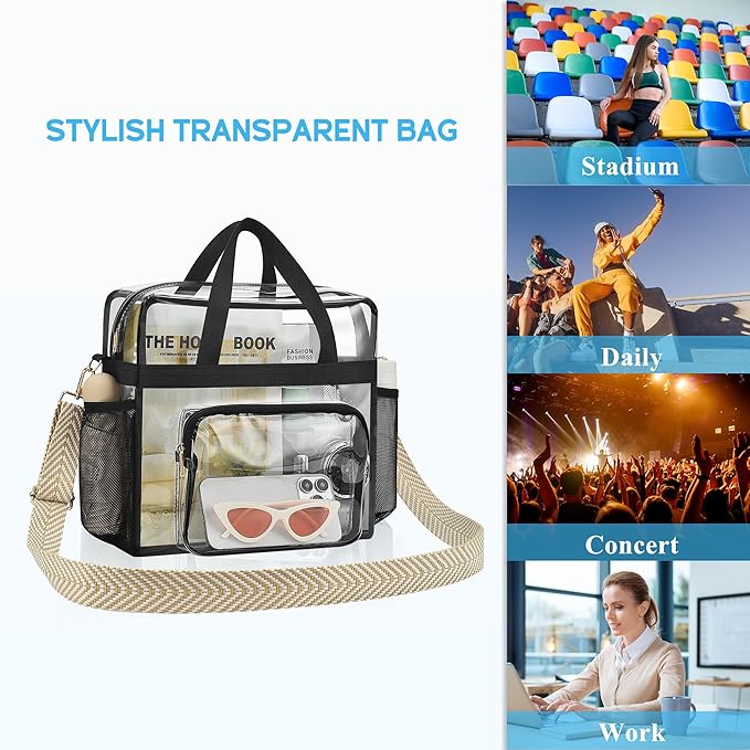 Bagenius Clear Tote Bag Stadium Approved, Game Day Satchel Bag with Non-detachable Reinforced Strap for Concert, Work, Sport
