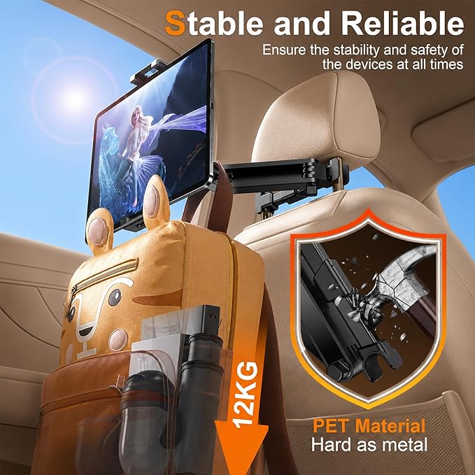 Tablet Holder for Car, 3 in 1 Extension Arm Adjustable Car Headrest Tablet Holder Road Trip Essentials Back Seat Tablets Cars Mount Compatible with iPad Pro, Air, Mini, 4.7-11" Devices