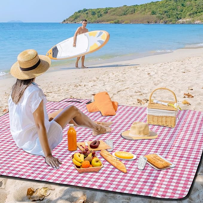ZUBOND Picnic Blankets Waterproof Sandproof Foldable & Machine Washable, 80''x100'' Extra Large Beach Blanket, Simple Stylish Gingham Outdoor Grass Lawn Park for Family Camping Party
