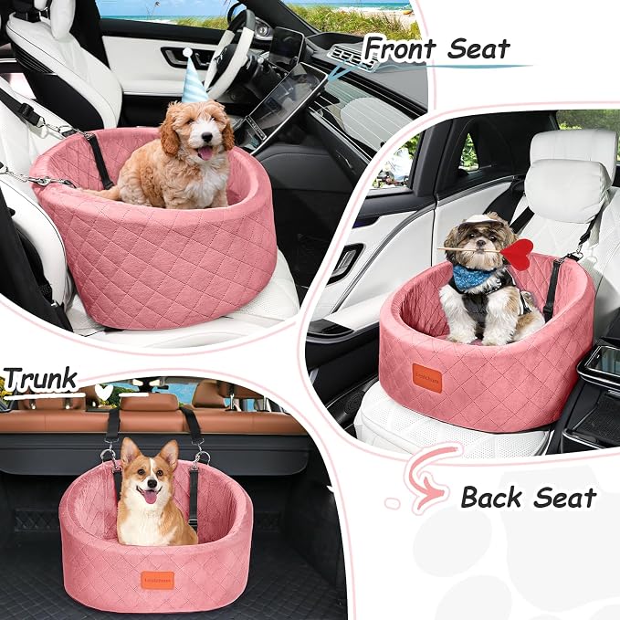 Lealchum Dog Car Seat for Small Dogs Up to 30 Lbs,Ultra Soft Fabric Fill in Comfy Memory Foam,Happy Pet Ride,2 Safety Dog Leashes,Fully Detachable and Washable,Anti Slip Base(Pink)