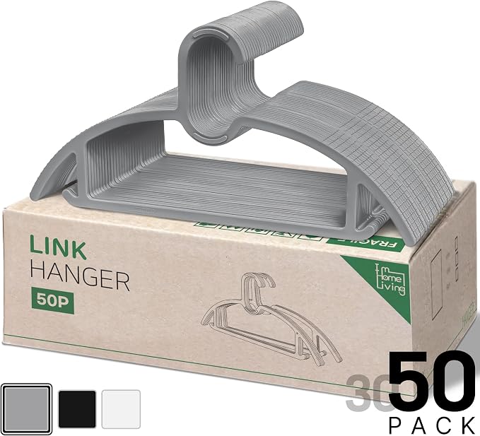 15" Compact Slim & Slimlink Interlocking Clothes Hangers, Space-Saving Lightweight Plastic Hangers for Small Closets, Dorms, Apartments, Travel, RVs & Petite Clothing (Gray, 50)