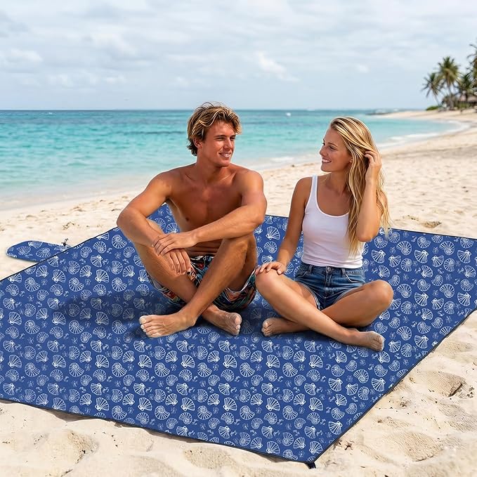 OIGAE Family Beach Blanket, 7×8 ft Sand-Free Picnic Mat for 1–4 People, Quick-Dry Lightweight Outdoor Blanket with Stakes & Corner Pockets, Shell, Blue