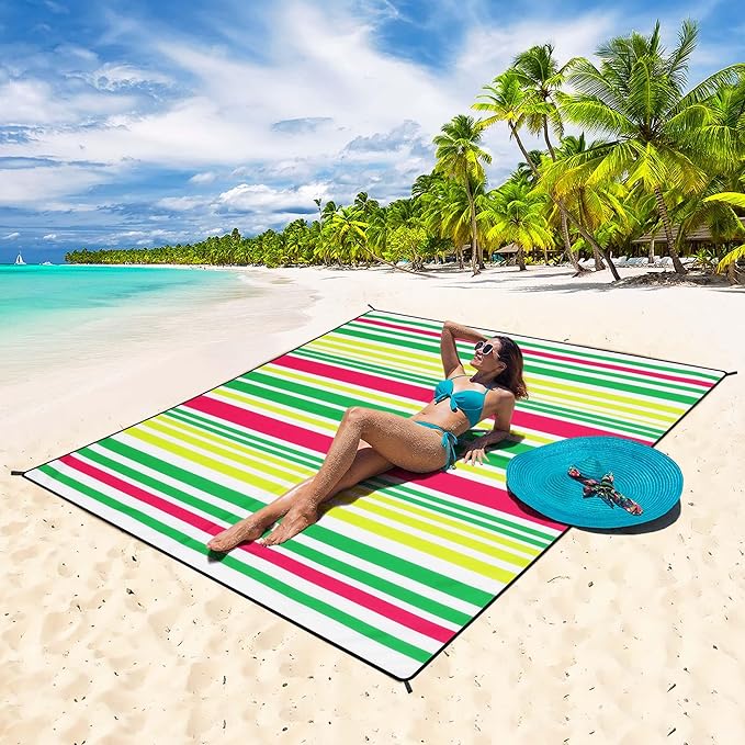 WIWIGO Beach Blanket Waterproof Sandproof Beach Mat 79" X 83"/10'x9'for 2-8 Adults Quick Drying Outdoor Picnic Mat Beach Accessories for Travel, Camping, Hiking