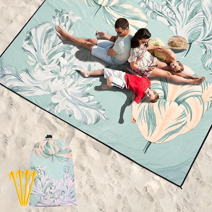 HIHOHO Beach Blanket Waterproof Sandproof Beach Mat 79”x 83” for 1-8 Adults Quick Drying Durable Outdoor Picnic Mat for Beach Festival Travel Camping Hiking (Green Flower, 79"×83"(4 Person))