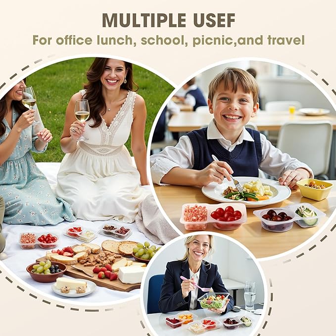 100PCS Reusable Snack Containers with Lids,2 Compartment Snack Containers with 100 Spoons,Snack Pack Containers for Condiments,fruits and salads