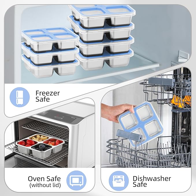 BEFOY 4 Pack Stainless Steel Snack Containers with Lids 4 Compartment Food Storage Containers for Adults & Kids Meal Prep Containers Reusablele (Sky blue, 2)