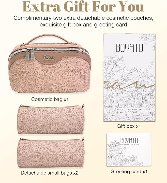 BOYATU Travel Makeup Bags Cosmetic Organizer Bag: 3-Set Large Capacity Make up Bag - PU Leather Toiletry Bags for Women - Wide Open Portable Pouch with Divider & Handle (A-Light Pink)