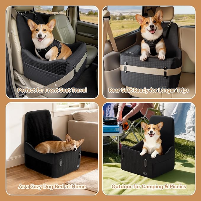 PETSFIT Dog Booster Car Seat for Small/Medium Dogs Up to 35 lbs โ Patented Safety System, 5" Memory Foam Pet Car Seat, Fully Detachable and Washable Cover, Front/Back Seat Travel Booster (Black)