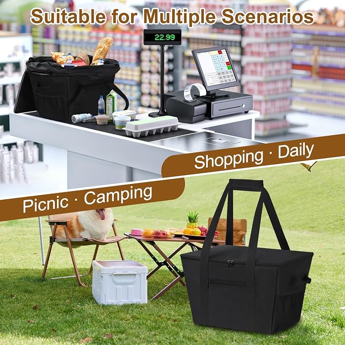 Reusable Grocery Bag – Expandable Insulated Cooler Bag with Bottom Board, Collapsible Insulated Shopping Bag with Zipper & Drawstring, Heavy Duty Tote Bag for Shopping, Delivery, Picnic, Beach