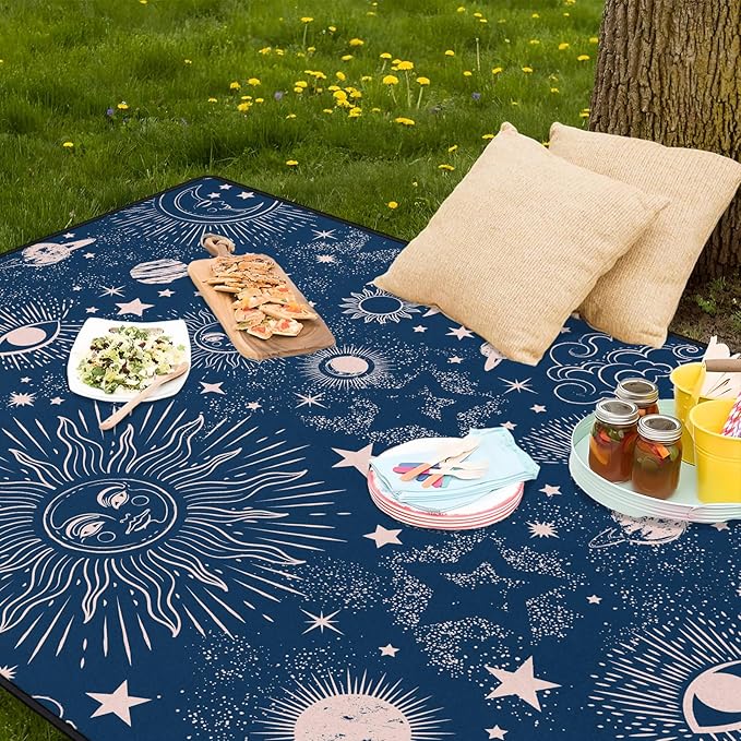 Gothic Picnic Blankets Waterproof Foldable,60″X80″Thick Picnic Mat Blue Outdoor Blanket for Grass, Sun and Moon Beach Blanket Sandproof Picnic Accessories for Camping Party Travel Park Lawn