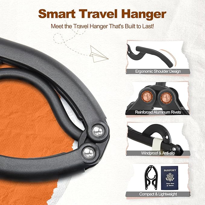 HOUSE DAY 10 Pack Travel Hangers with Clips, Cruise Essentials 2026, Black Foldable Hangers for Pants Skirt, Lightweight Portable Collapsible Clothes Hangers Space Saving Set for Hotel, RV, Dorm