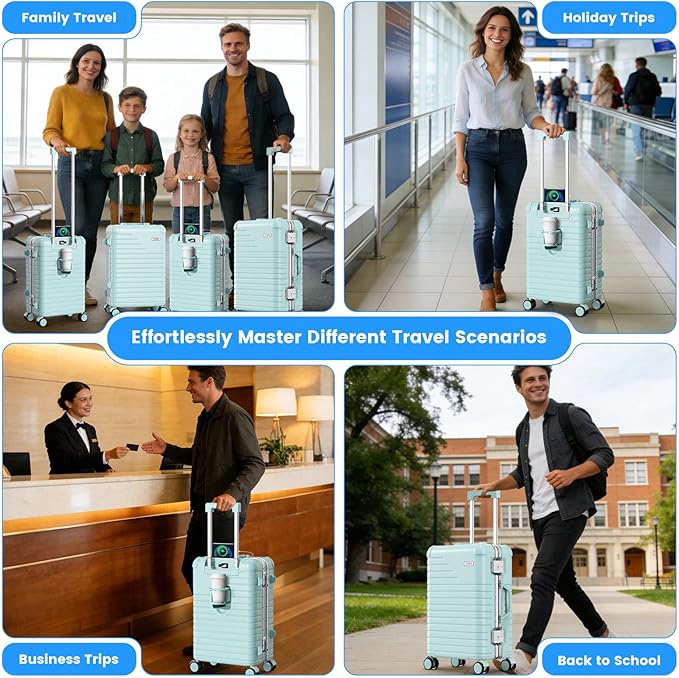 20 Inch Carry on Luggage with Cup Holder, Airline Approved 22x14x9 Aluminum Frame PC Hard Shell Suitcase, 360° Spinner Wheels, TSA Lock for Short Trips and Business Travel