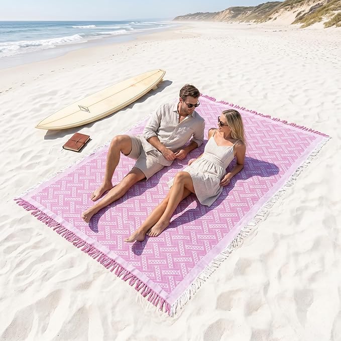 70x70 Bohemian Picnic Mat Extra Large, Sand Proof Outdoor Camping Blanket Machine Washable, Lightweight Portable Travel Tarp for 5-7 Adults Beach Park Grass (Pink-T-Grid)