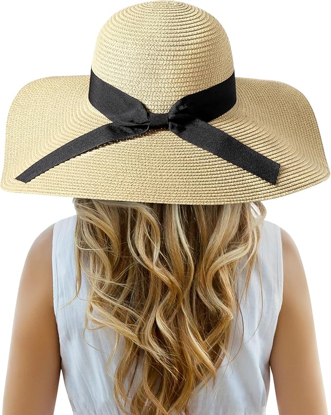 Beach Hat for Women, Wide Brim Sun Straw Hats for Women, Sun Hat Womens UPF 50+ UV Protection, Floppy Foldable Summer Hats