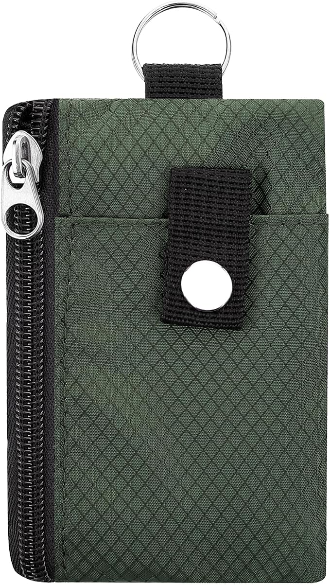 Minimalist Small Wallet for Men Women with 2 Zip Pockets, Multi Functional ID Case with Keychain and Card Holder, Coin Purse Badge Lanyard Pouch for Boys Girls Travel -Green