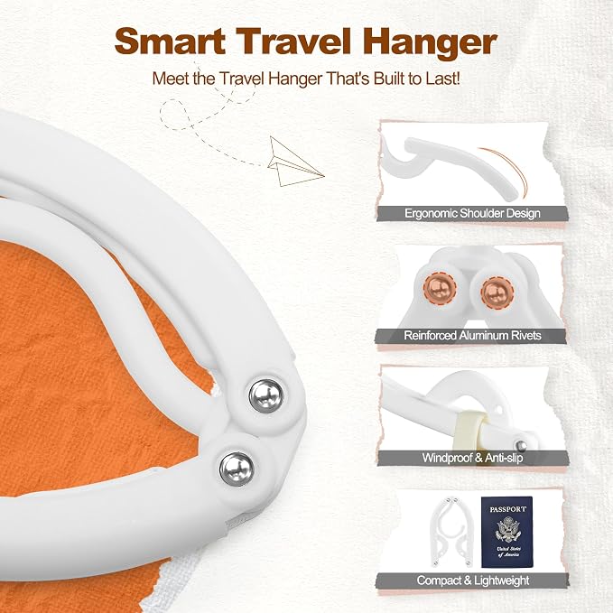 HOUSE DAY 10 Pack Travel Hangers with Clips, Cruise Essentials 2026, White Foldable Hangers for Pants Skirt, Lightweight Portable Collapsible Clothes Hangers Space Saving Set for Hotel, RV, Dorm
