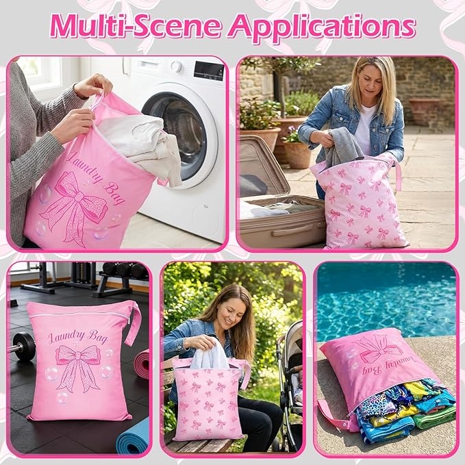 2 Pcs Large Travel Laundry Bags Waterproof Wet Dry Bag, Washable Dirty Clothes Bags for Travel,Drawstring, Bathing Suit, Workout, Gym Clothes Laundry, Swimming Pool & College Dorm, Pink Bow