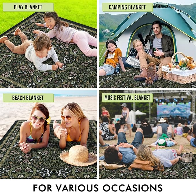 Floral Picnic Blankets Waterproof Foldable, 60″X80″ Packable Picnic Mat Vintage Outdoor Blanket for Grass, Large Beach Blanket Sandproof Picnic Accessories for Camping Music Festival Park Lawn Travel