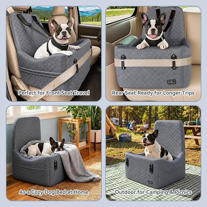 PETSFIT Dog Car Seat for Small/Medium Dogs Up to 35 lbs โ Patented Safety System, 5" Memory Foam Pet Booster Car Seat, Fully Detachable and Washable Dog Carseat with 2 Storage Pockets (Grey)