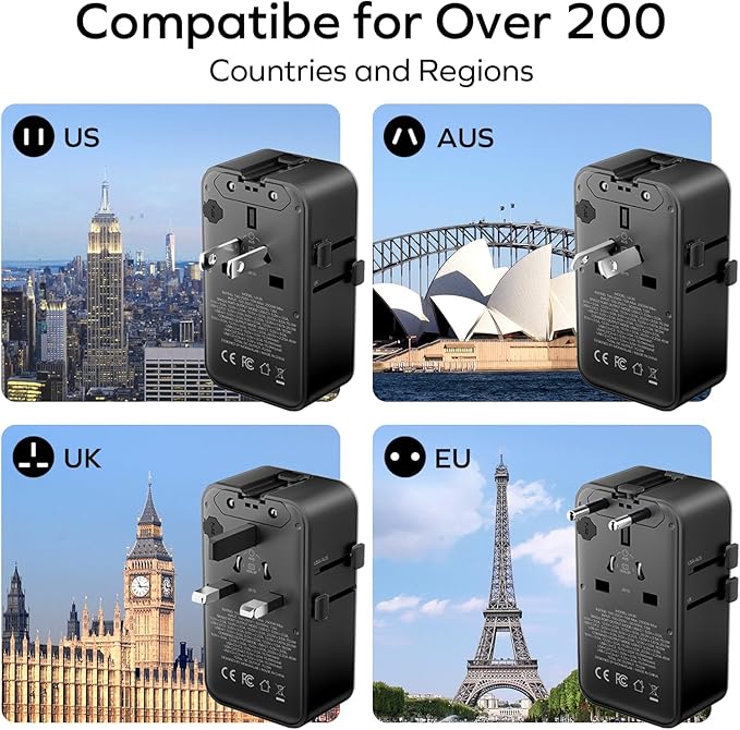 (2026 NEW) MOMAX Universal Travel Adapter, Ultra-Thin 1-World Pocket 70W GaN International Plug Adapter with 3 USB-C & 1 USB-A Fast Charging All-in-One Wall Charger for USA EU UK AUS (1-Pack, Black)