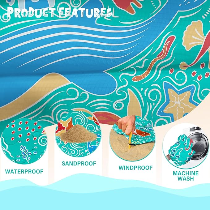 Aroveea Beach Blanket Waterproof Sandproof 1-7 Adult Oversized 78''X81''/10'X9' Lightweight Durable Compact Sand Free Beach Mat for Travel Camping Hiking Picnic Blanket
