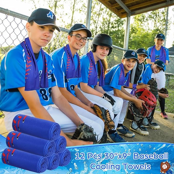 Peryiter 12 Counts Mini Cooling Towel, 30" x 9" Baseball Softball Soccer Golf Sweat Towel, Breathable Chilly Rag, Microfiber Sport Rags for Team Gym Running Coach Gift