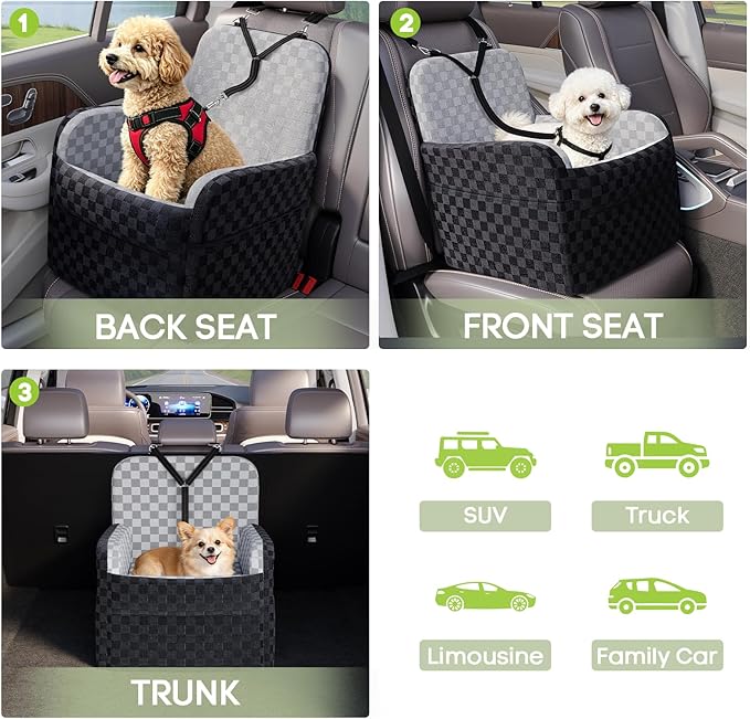 Waterproof Dog Car Seat for Small/Medium Dogs up to 26 lbs, Memory Foam Booster Seat Elevated 6in, Pet Car Seat with Removable Washable Cover, Y-Shape Safety Belt and Storage Pockets