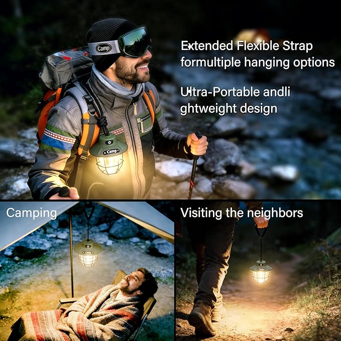 1200 Lumens Camping Lantern, Rechargeable LED Tent Light with 4 Light Modes, USB Portable Outdoor Flashlight for Camping, Hiking, Emergencies, Power Outages, SOS(Black)
