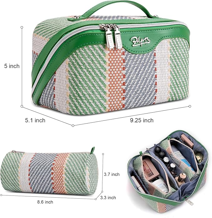 BOYATU Travel Makeup Bag Cosmetic Bag for Women: 3 Pcs Set Make up Bag with Compartments - Waterproof Vegan Leather Toiletry Bags with Handle - Makeup Organizer for Travel Essentials(C-2-Green)