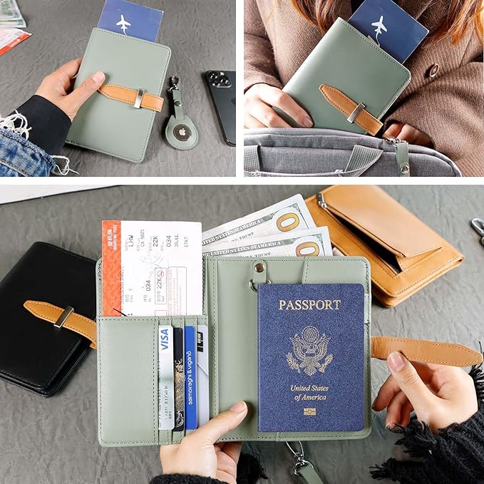 Passport wallets, Mulit-purpose RFID Blocking Passport Holder AirTag Wallet, Travel Wallet(Moss Green)