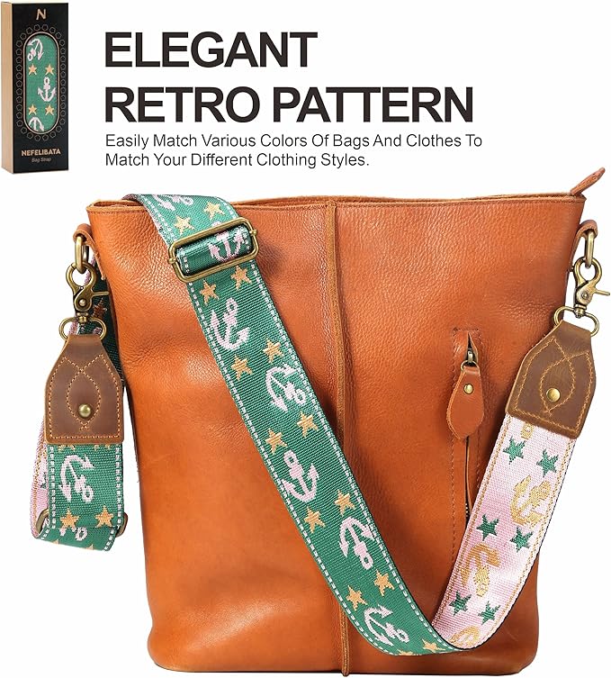 Nefelibata Purse Strap-2"Crazy Horse Leather Bag Strap Adjustable Replacement,Retro Jacquard Embroidery Crossbody Straps