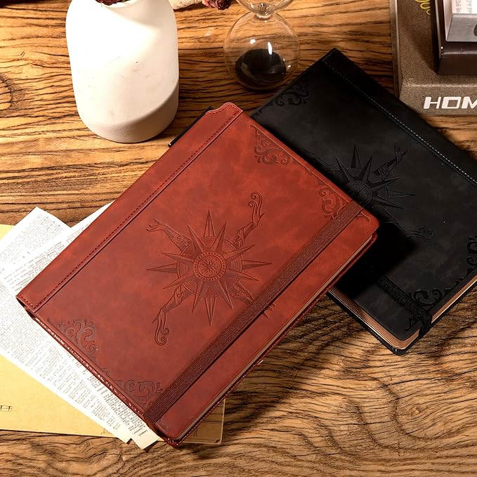 CAGIE Compass Leather Journal Gift for Men - Vintage Writing Notebook with Pen, 100 GSM 288 Page Lined Journal A5 Hardcover, 180° Lay Flat, Daily, Travel, Office & Gift Idea