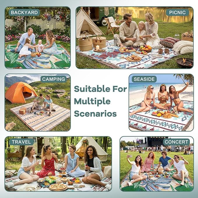2 in 1 Extra Large Outdoor Picnic Mat Woven Summer Throw Blanket Boho Giant Beach Travel Essential Yoga Accessories Park Patio Lawn Garden Grass Ground Play Music Festival Concert Must Have