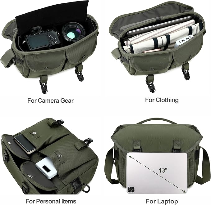 Padwa Lifestyle Green Camera Bag - Nylon Flap Camera Photography Bag with Removable Lining for Single Shoulder & Crossbody and Hand Carry,Weather Resistant Casual Camera Bag for Cameras & Drone