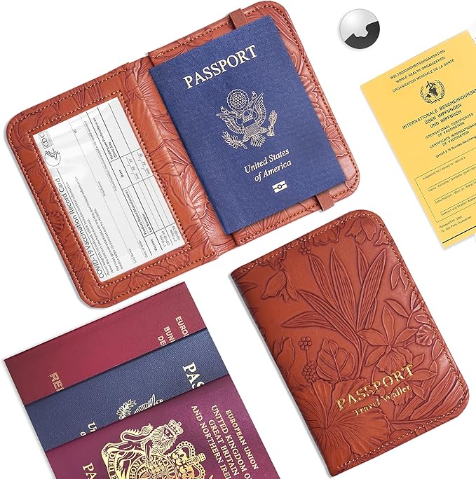 lizimandu Passport Holder with Airtag Slot, Airtag Passport Wallet for Men Women, Slim Leather Passport Holder Case Family for Travel Anti-Lost(1-Carved Light Brown)