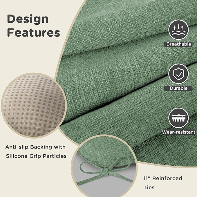 AddGrace Chair Cushions for Dining Chairs Set of 2 Kitchen Seat Cushions with Ties and Non Slip Backing Tufted Indoor Seat Pad for Kitchen Dining Room 18" x 17" x 3" Sage Green