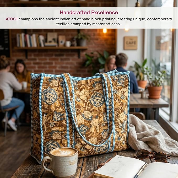 ATOSII Women Handblock Print Quilted 100% Cotton Floral Large Shoulder Tote Bag with Pocket, Zipper for Work, Beach & Travel