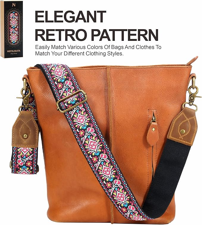 Nefelibata Purse Strap-2"Crazy Horse Leather Bag Strap Adjustable Replacement,Retro Jacquard Embroidery Crossbody Straps