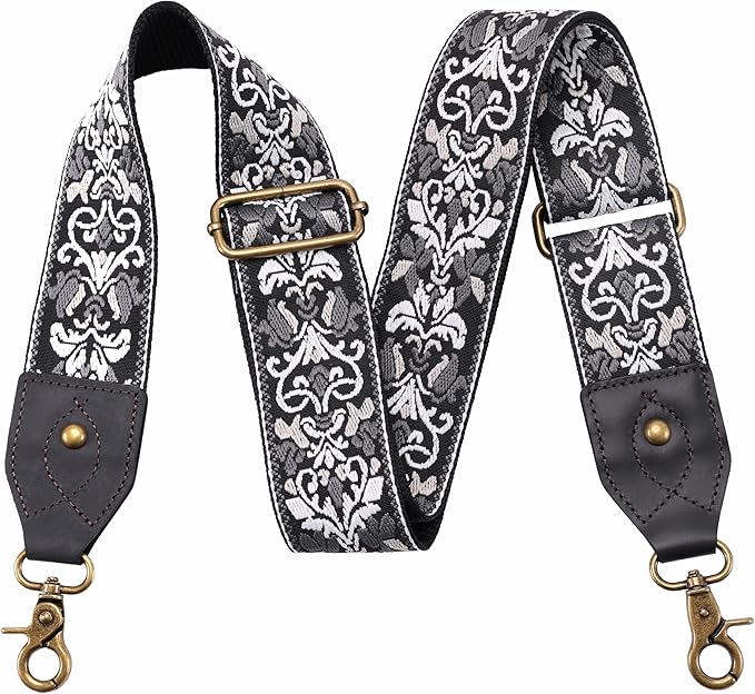 Nefelibata Purse Strap-2"Crazy Horse Leather Bag Strap Adjustable Replacement,Retro Jacquard Embroidery Crossbody Straps