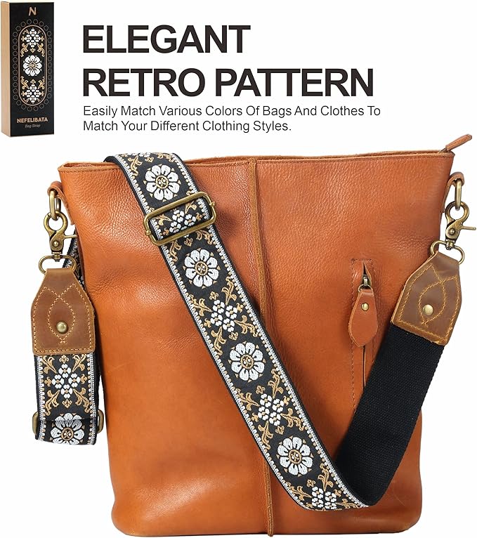Nefelibata Purse Strap-2"Crazy Horse Leather Bag Strap Adjustable Replacement,Retro Jacquard Embroidery Crossbody Straps