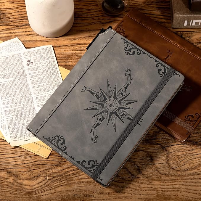 CAGIE Compass Leather Journal Gift for Men - Vintage Writing Notebook with Pen, 100 GSM 288 Page Lined Journal A5 Hardcover, 180° Lay Flat, Daily, Travel, Office & Gift Idea
