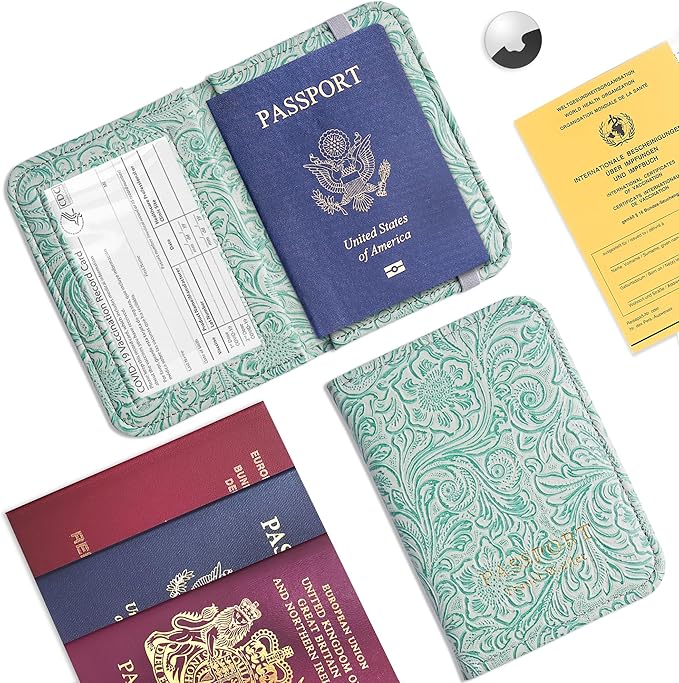 lizimandu Passport Holder with Airtag Slot, Airtag Passport Wallet for Men Women, Slim Leather Passport Holder Case Family for Travel Anti-Lost(1-Carved Green3)
