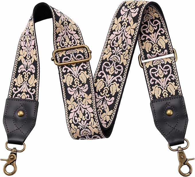 Nefelibata Purse Strap-2"Crazy Horse Leather Bag Strap Adjustable Replacement,Retro Jacquard Embroidery Crossbody Straps