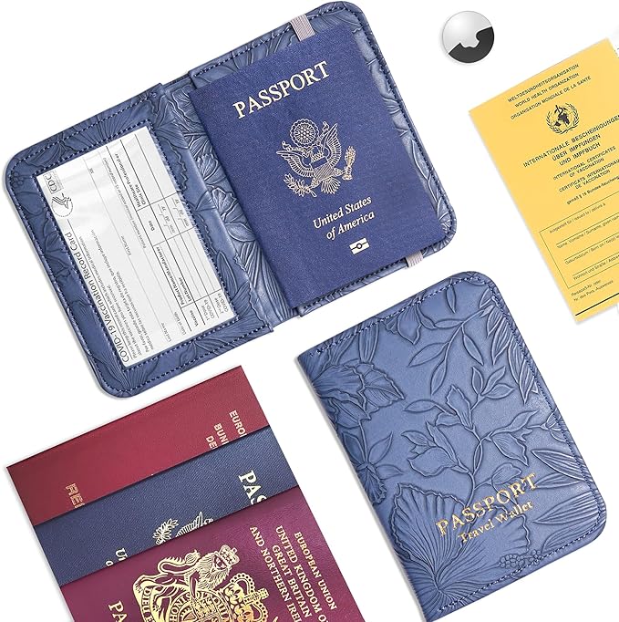 lizimandu Passport Holder with Airtag Slot, Airtag Passport Wallet for Men Women, Slim Leather Passport Holder Case Family for Travel Anti-Lost(1-Carved Blue)