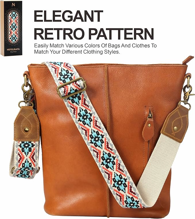 Nefelibata Purse Strap-2"Crazy Horse Leather Bag Strap Adjustable Replacement,Retro Jacquard Embroidery Crossbody Straps