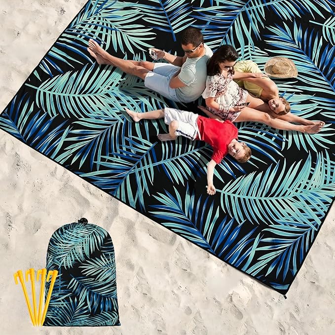 HIHOHO Beach Blanket Waterproof Sandproof Beach Mat 79”x 83” for 1-8 Adults Quick Drying Durable Outdoor Picnic Mat for Beach Festival Travel Camping Hiking (BK&GN-Palm, 79"×83"(4 Person))