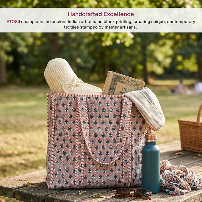 ATOSII Women Handblock Print Quilted 100% Cotton Floral Large Shoulder Tote Bag with Pocket, Zipper for Work, Beach & Travel